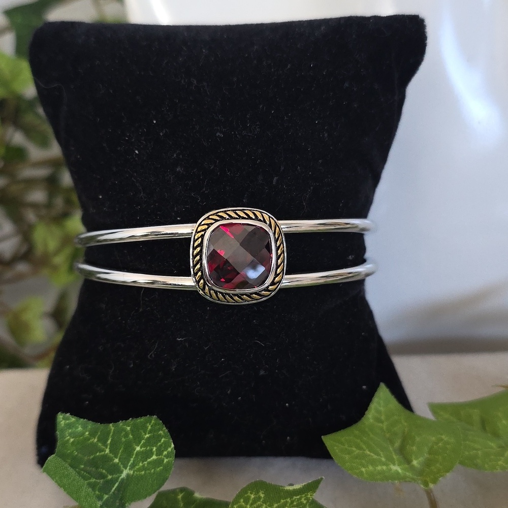 Silver Steel Open Cuff Bracelet with CZ Red Crystal Stone